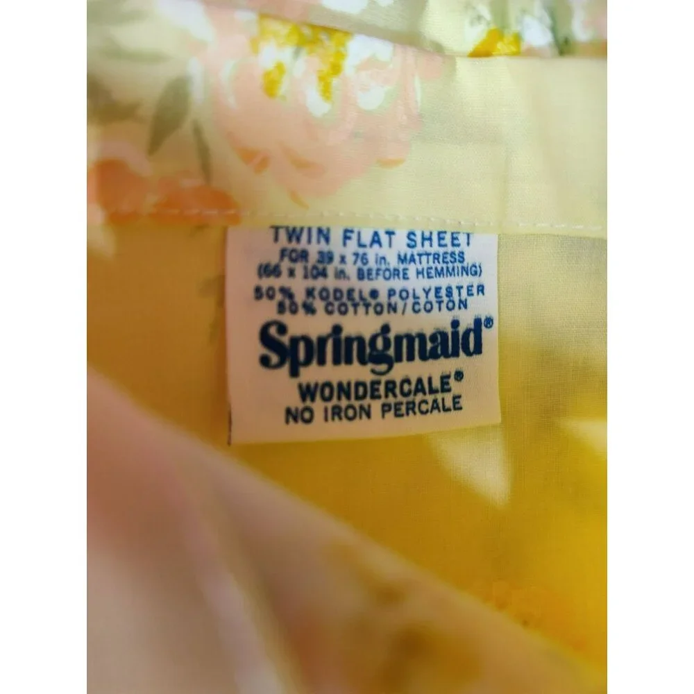 Vintage Springmaid Twin Flat Sheet, Yellow w Pink Regal Rose, Percale, USA Made